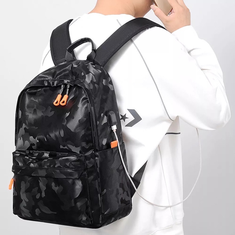 Business School PU Leather bag 15.6 inch laptop usb charging back pack travel anti theft Black